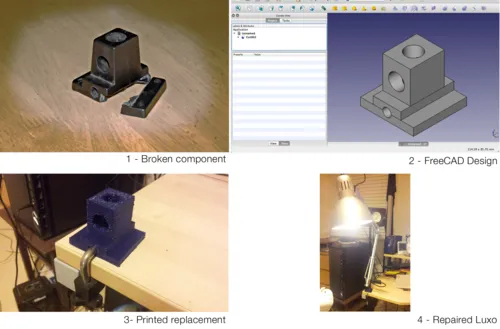 A tile of four pictures showing the steps from broken part to 3D printed replacement.