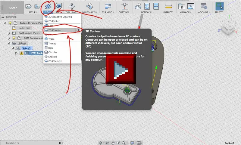 Gif animation of the steps to add a 2D contour path in Fusion 360.