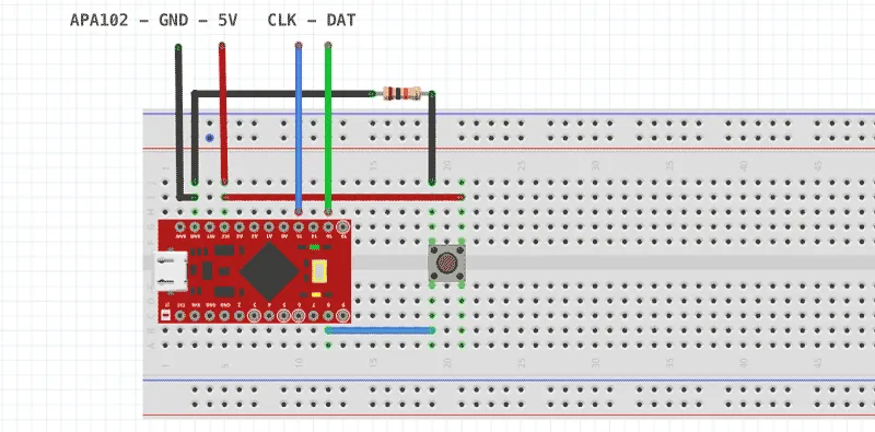 How to wire APA102 and a momentary button to an Arduino Pro Micro.